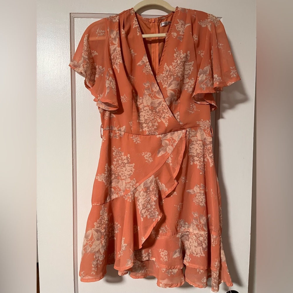 Asymmetrical Floral Wrap Dress in Coral by [Brand]